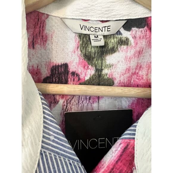 Vincente Tunic Top White Blue Sleeveless Floral Collar Hi Lo Hem Size Medium - Picture 3 of 16